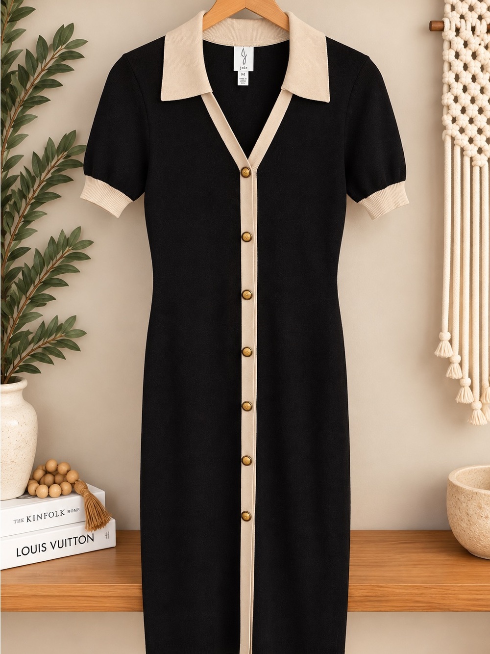 Joie Black Knit Polo Dress with Cream Trim